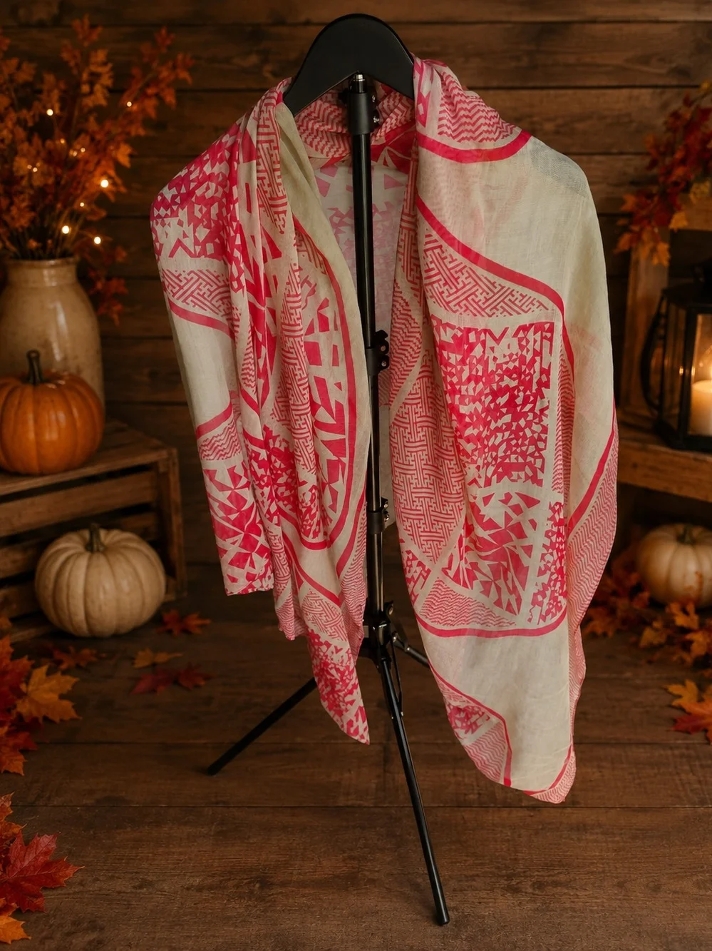 Do Everything in Love geometric-patterned wrap scarf. Red Cream